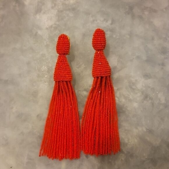 New Oscar De La Renta Red Long Beaded Tassel Earrings Clip On Chandelier Drop - Picture 4 of 9